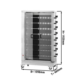 Sklokeramický elektrický gril na kuřata PREMIUM s 8 rožněmi pro 48 kuřat - 1098 x 480 x 1920 mm