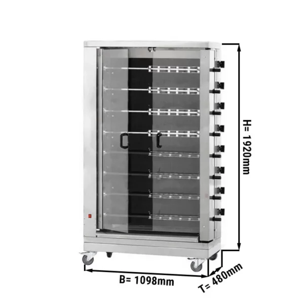 Sklokeramický elektrický gril na kuřata PREMIUM s 8 rožněmi pro 48 kuřat - 1098 x 480 x 1920 mm