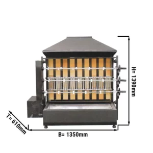 Gril na dřevěné uhlí se 3 rožněmi pro 15 kuřat - 1350 x 610 x 1390 mm