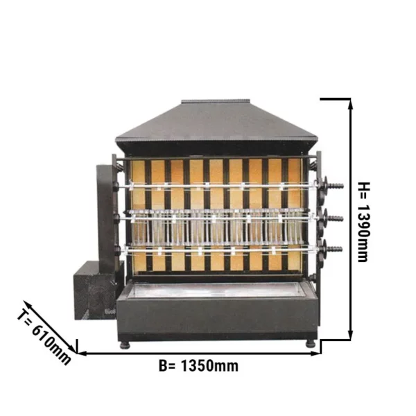 Gril na dřevěné uhlí se 3 rožněmi pro 15 kuřat - 1350 x 610 x 1390 mm