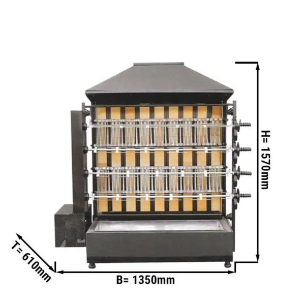 Gril na dřevěné uhlí se 4 rožněmi pro 20 kuřat - 1350 x 610 x 1570 mm