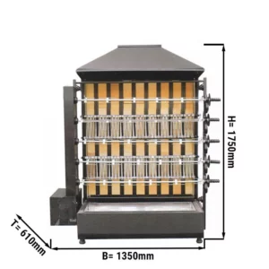Gril na dřevěné uhlí s 5 rožněmi pro 25 kuřat - 1350 x 610 x 1750 mm