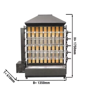 Gril na dřevěné uhlí s 5 rožněmi pro 30 kuřat - 1450 x 610 x 1750 mm