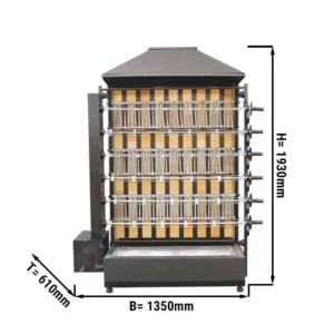 Gril na dřevěné uhlí se 6 rožněmi pro 30 kuřat - 1350 x 610 x 1930 mm