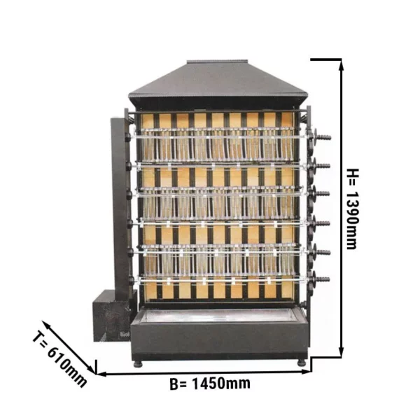 Gril na dřevěné uhlí se 6 rožněmi pro 36 kuřat - 1450 x 610 x 1930 mm