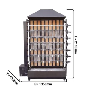 Gril na dřevěné uhlí se 7 rožněmi pro 35 kuřat - 1350 x 610 x 2110 mm