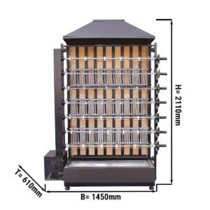 Gril na dřevěné uhlí se 7 rožněmi pro 42 kuřat - 1450 x 610 x 2110 mm