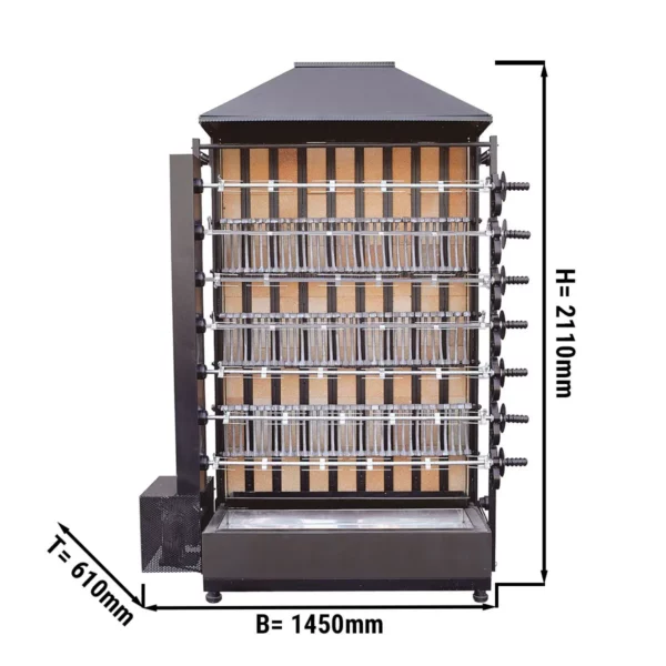 Gril na dřevěné uhlí se 7 rožněmi pro 42 kuřat - 1450 x 610 x 2110 mm