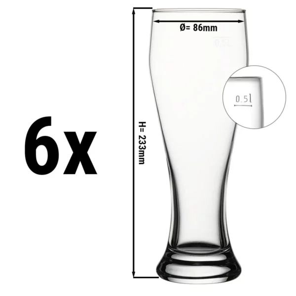(6 kusů) sklenice na pšeničné pivo - BEER SPECIALS - 665 ml - kalibrováno na 500 ml