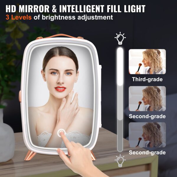 Přenosná zrcadlová 6-litrová chladnička VEVOR s LED osvětlením, bílá 9V mini chladnička na make-up, 8 plechovek, 3 LED zrcadlový světelný režim, - Image 2