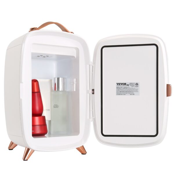 Přenosná zrcadlová 6-litrová chladnička VEVOR s LED osvětlením, bílá 9V mini chladnička na make-up, 8 plechovek, 3 LED zrcadlový světelný režim,