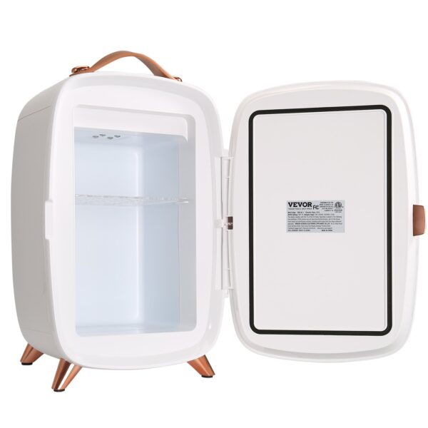 Přenosná zrcadlová 6-litrová chladnička VEVOR s LED osvětlením, bílá 9V mini chladnička na make-up, 8 plechovek, 3 LED zrcadlový světelný režim, - Image 4