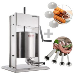 Ruční plnička klobás a churro stroj - 10 litrů - nerezová ocel - včetně 4 plničů klobás a 3 churro nástavců