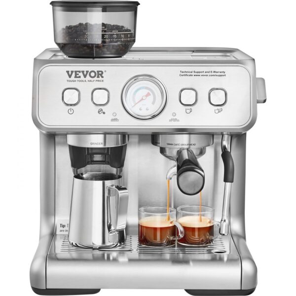 Espresso kávovar VEVOR s mlýnkem / 15 barový poloautomatický espresso stroj s napěňovačem mléka, parní tryskou, - Image 7
