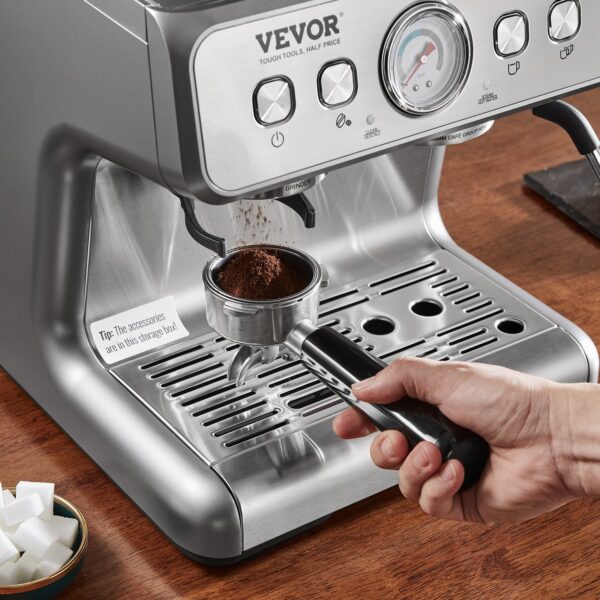 Espresso kávovar VEVOR s mlýnkem / 15 barový poloautomatický espresso stroj s napěňovačem mléka, parní tryskou, - Image 6