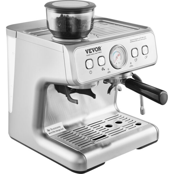 Espresso kávovar VEVOR s mlýnkem / 15 barový poloautomatický espresso stroj s napěňovačem mléka, parní tryskou, - Image 2