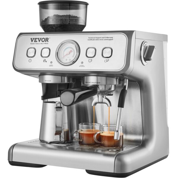 Espresso kávovar VEVOR s mlýnkem / 15 barový poloautomatický espresso stroj s napěňovačem mléka, parní tryskou,