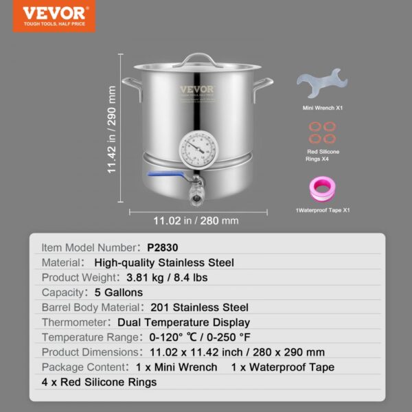 VEVOR varná konvice pro vaření piva systém vaření piva 18,92 L sada pro vaření piva rmutovací kotel 280 x 290 mm, nerezové varné systémy piva s dvojitým zobrazením teploty, systém vaření piva, vhodné pro pivo, červená vína atp. - Image 7