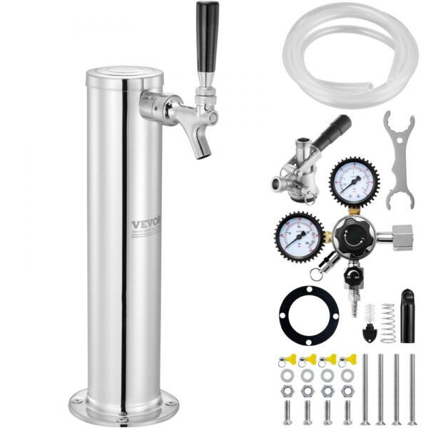 Sada pivní věže VEVOR Kegerator, sada pro konverzi piva s jedním kohoutkem, dávkovač sudů na pivo z nerezavějící oceli s dvojitým regulátorem W21.8 a spojkou S System pro domácí večírky
