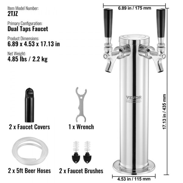 Pivní výčepní věž VEVOR se dvěma kohouty, pivní sudová věž z nerezavějící oceli, sada Kegerator Tower s předem smontovanými hadicemi a samozavíracími kohouty pro párty, bary, hospody a restaurace atp. - Image 7