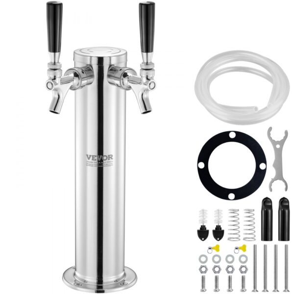 Pivní výčepní věž VEVOR se dvěma kohouty, pivní sudová věž z nerezavějící oceli, sada Kegerator Tower s předem smontovanými hadicemi a samozavíracími kohouty pro párty, bary, hospody a restaurace atp.