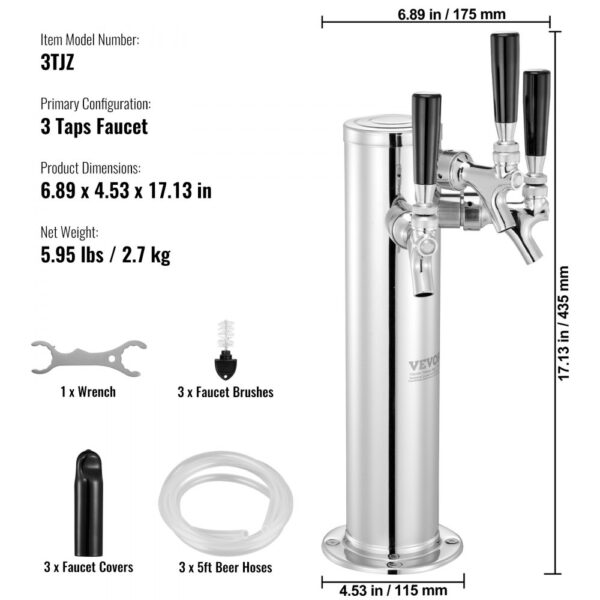 Pivní výčepní věž VEVOR se 3 kohoutky, pivní sudová věž z nerezavějící oceli, sada Kegerator Tower s předem smontovanými hadicemi a samozavíracími kohouty pro párty, bary, hospody a restaurace - Image 7