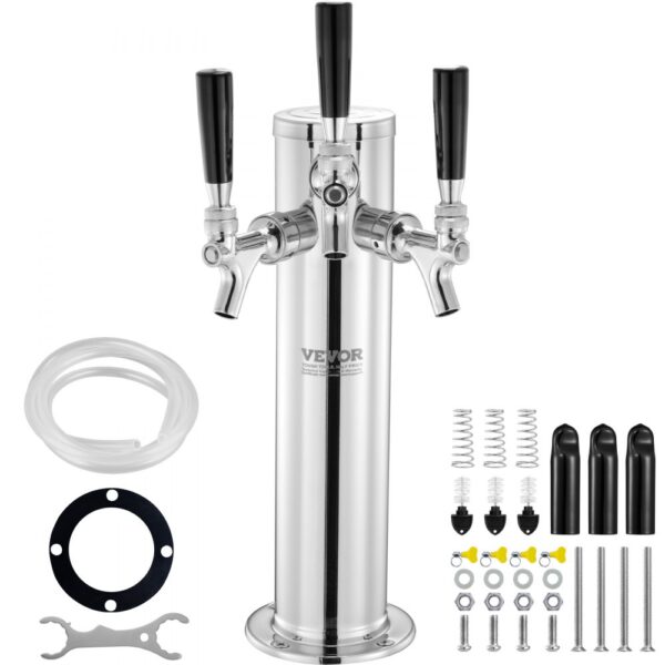 Pivní výčepní věž VEVOR se 3 kohoutky, pivní sudová věž z nerezavějící oceli, sada Kegerator Tower s předem smontovanými hadicemi a samozavíracími kohouty pro párty, bary, hospody a restaurace