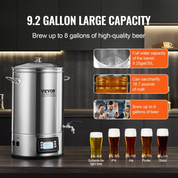 VEVOR nerezová varná konvice na pivo 35 l, varná konvice, příslušenství na vaření piva pro domácnost, sada zařízení na vaření piva včetně skleněné poklice, rukojeti, kohoutku, elektronický ovládací panel reklama - Image 6