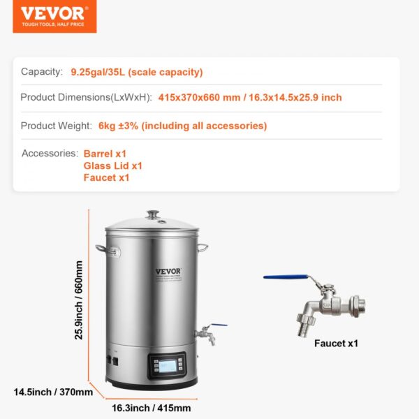 VEVOR nerezová varná konvice na pivo 35 l, varná konvice, příslušenství na vaření piva pro domácnost, sada zařízení na vaření piva včetně skleněné poklice, rukojeti, kohoutku, elektronický ovládací panel reklama - Image 7