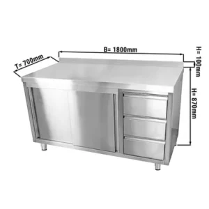 Pracovná skriňa z nehrdzavejúcej ocele ECO - 1800 x 700 mm - s 3 zásuvkami vpravo a podstavcom