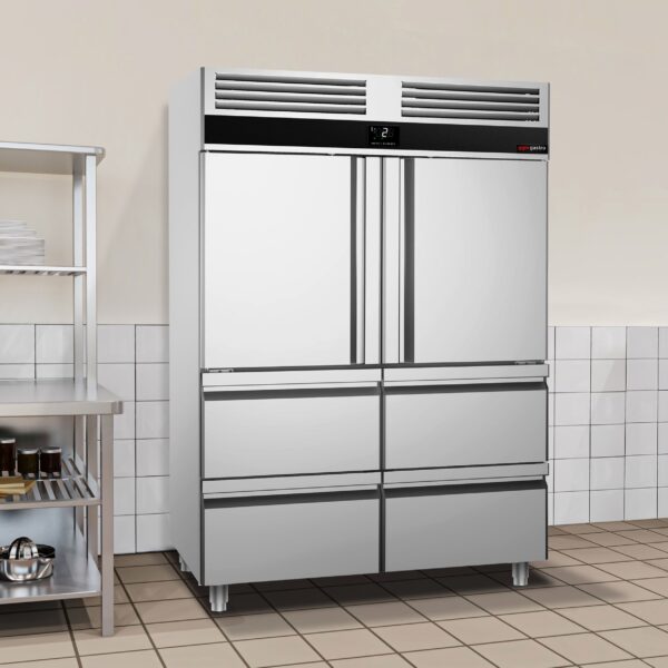 Nerezová chladnička PREMIUM - GN 2/1 - 1400 litrov - s 2 polovičnými dvierkami a 4 zásuvkami - Image 3
