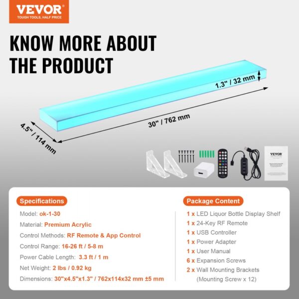 VEVOR barový regál na víno LED osvětlení nástěnný 1 řadový 762 mm displej - Image 7