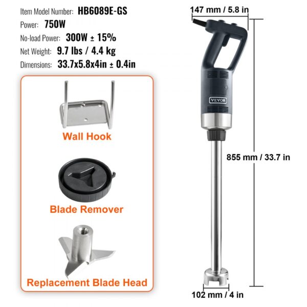 VEVOR Puree Blender elektrický tyčový mixér 750 W, vysokovýkonný mixér s nastavitelnou rychlostí, nerezový víceúčelový tyčový mixér 855 mm, odnímatelná míchací tyč, včetně nástěnného háku a výměnné hlavice čepele - Image 2