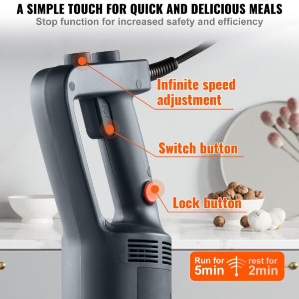 VEVOR Puree Blender elektrický tyčový mixér 750 W, vysokovýkonný mixér s nastavitelnou rychlostí, nerezový víceúčelový tyčový mixér 855 mm, odnímatelná míchací tyč, včetně nástěnného háku a výměnné hlavice čepele - Image 5
