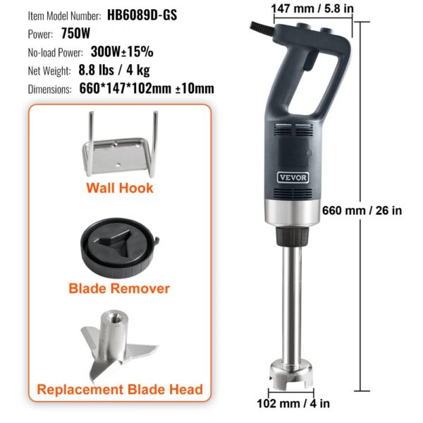 VEVOR Puree Blender elektrický tyčový mixér 750 W, vysokovýkonný mixér s nastavitelnou rychlostí, nerezový víceúčelový tyčový mixér 660 mm, odnímatelná míchací tyč, včetně nástěnného háku a výměnné hlavice čepele - Image 2