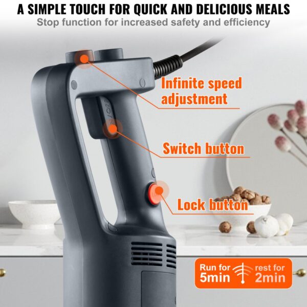 VEVOR Puree Blender elektrický tyčový mixér 750 W, vysokovýkonný mixér s nastavitelnou rychlostí, nerezový víceúčelový tyčový mixér 660 mm, odnímatelná míchací tyč, včetně nástěnného háku a výměnné hlavice čepele - Image 5