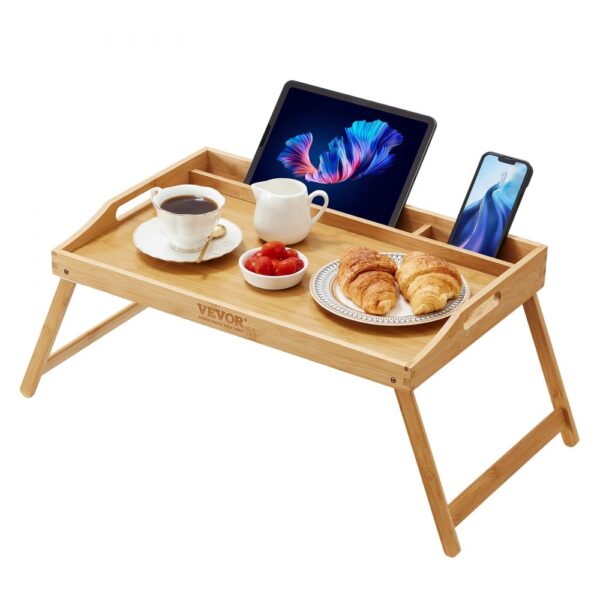 Bambusový podnos na jídlo se sklopnýma nohama a otvorem pro média 683 x 350 x 279 mm