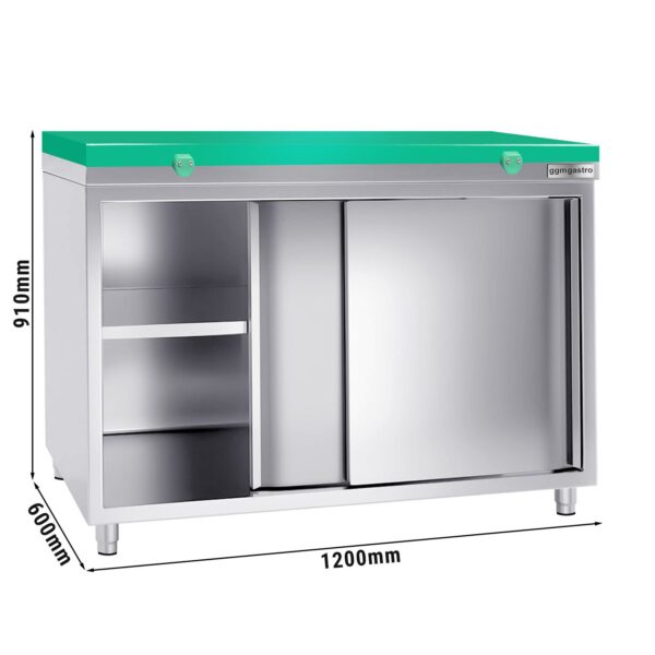 Nerezová pracovná skriňa PREMIUM - 1200x600mm - s posuvnými dverami bez podstavca vrátane reznej dosky