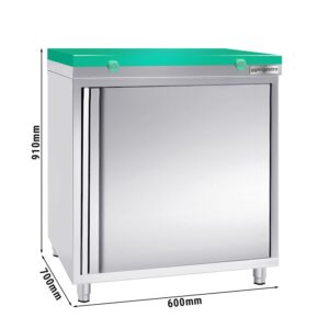 Nerezová pracovná skrinka PREMIUM - 600x700mm - s krídlovými dverami bez podstavca vrátane reznej dosky