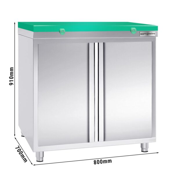 Nerezová pracovná skrinka PREMIUM - 800x700mm - s krídlovými dverami bez podstavca vrátane reznej dosky