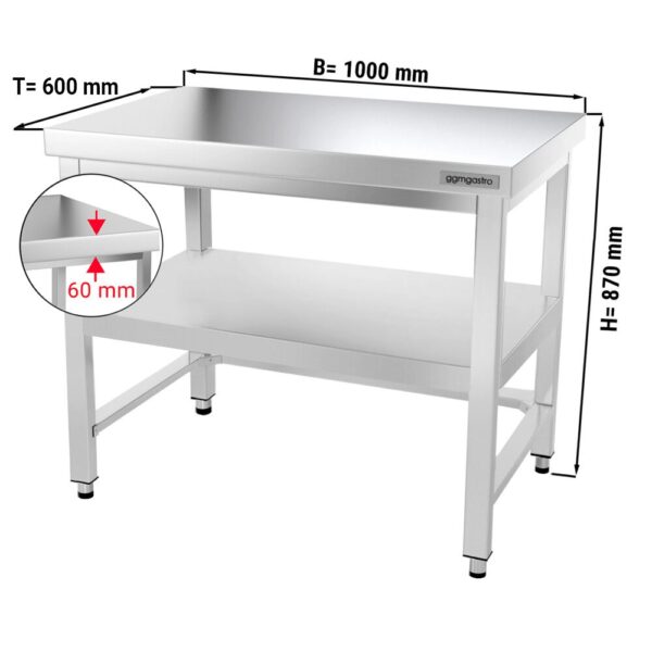 Nerezový pracovný stôl PREMIUM - 1000x600mm - s podnožou a vzperami
