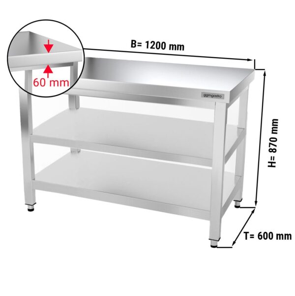 Nerezový pracovný stôl PREMIUM - 1200x600mm - so základnou policou a medzipoličkou