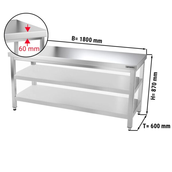 Nerezový pracovný stôl PREMIUM - 1800x600mm - so základnou policou a medzipoličkou