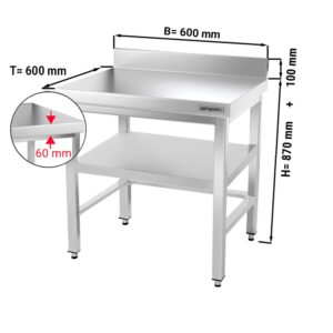 Nerezový pracovný stôl PREMIUM - 600x600mm - s podnožou, podperou a podperou