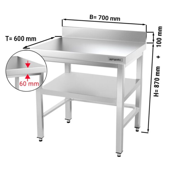 Nerezový pracovný stôl PREMIUM - 700x600mm - s podnožou, podperou a podperou