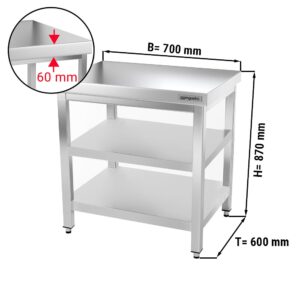 Nerezový pracovný stôl PREMIUM - 700x600mm - so základnou policou a medzipoličkou