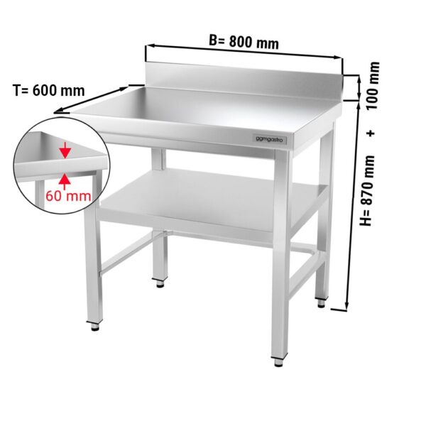 Nerezový pracovný stôl PREMIUM - 800x600mm - s podnožou, podperou a podperou