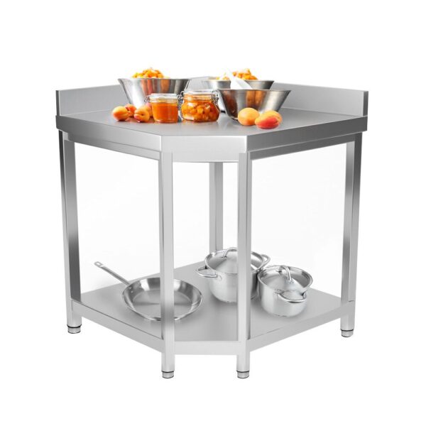 Nerezový rohový pracovný stôl PREMIUM - 1150x800mm - s podnožou a zadnou stenou - Image 2