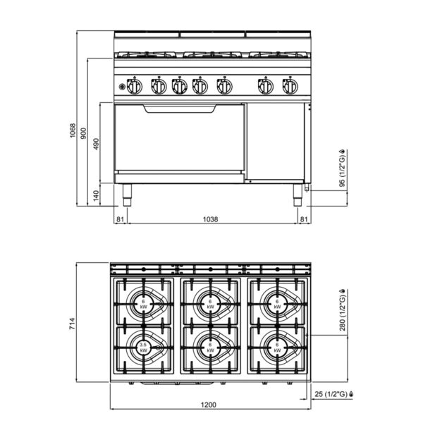 Plynový sporák - 33,5 kW - 6 horákov - vrátane plynovej rúry - 7,8 kW - Image 4