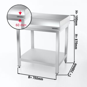 Nerezový pracovný stôl PREMIUM - 700x700 mm - so základnou policou a podstavcom vzadu + vpravo